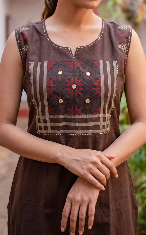 Brown Handblock Cotton Kurti Set