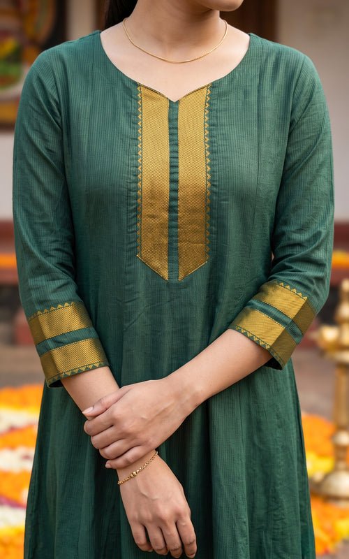 Green Blended South Cotton Full Flared Anarkali Kurti