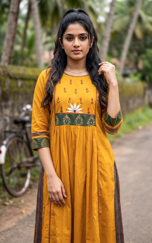 Mustard Thread & Mirror Embroidered A-Line Kurti Set