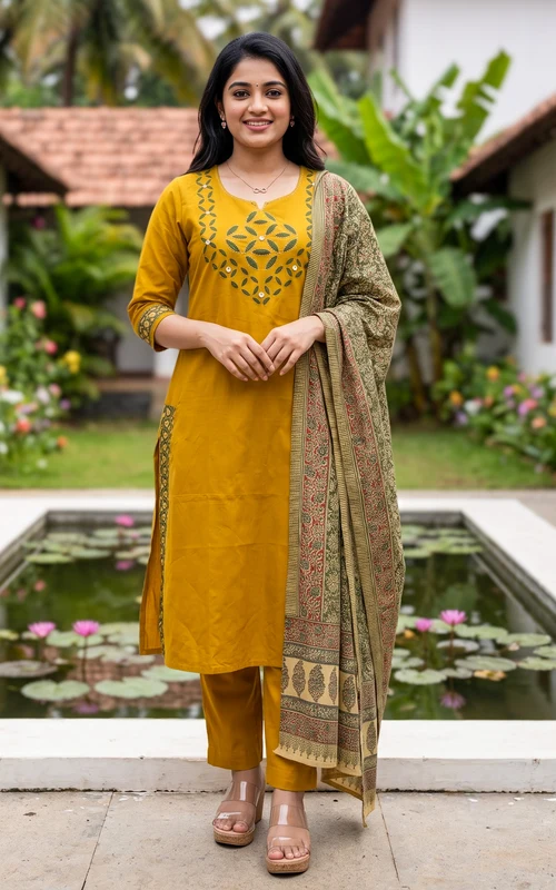 Mustard Handblock Cotton Kurti Set
