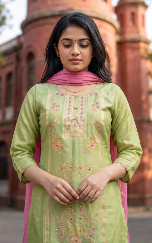 Pista Green Art Silk Straight Cut Kurti Set with Mirror, Stone & Golden Zari Embroidery