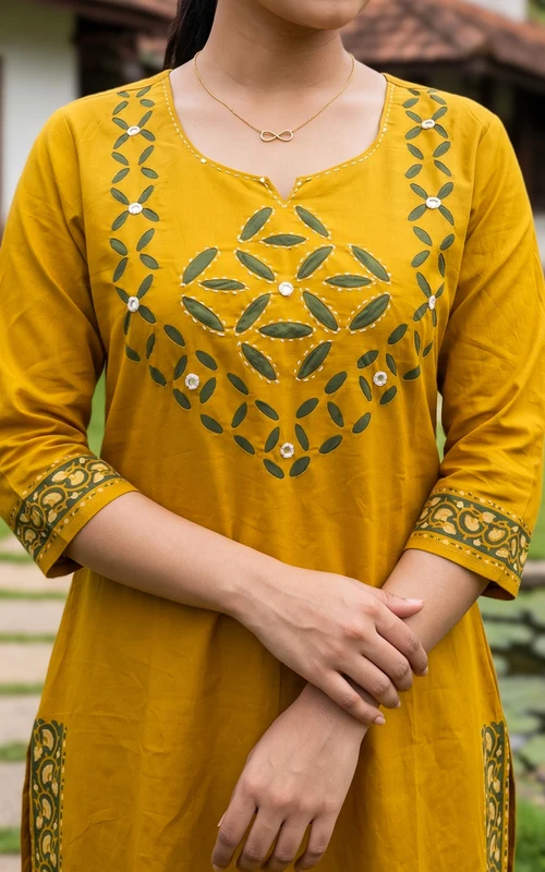 Mustard Handblock Cotton Kurti Set