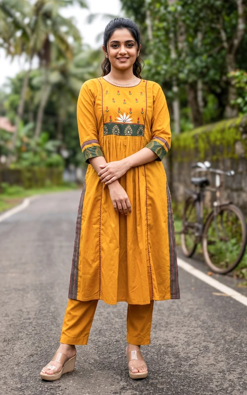 Mustard Thread & Mirror Embroidered A-Line Kurti Set