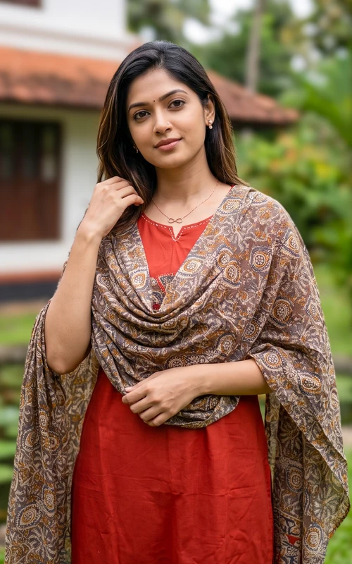 Rust Cotton Handblock Straight Cut Kurti Set with Thread & Mirror Embroidery