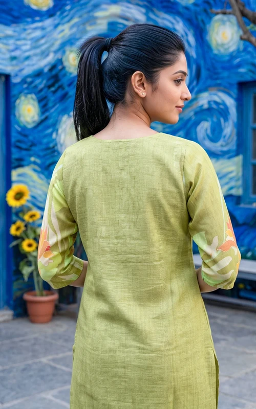 Pista Green Embroidered & Mirror Work Straight-Cut Kurti Set