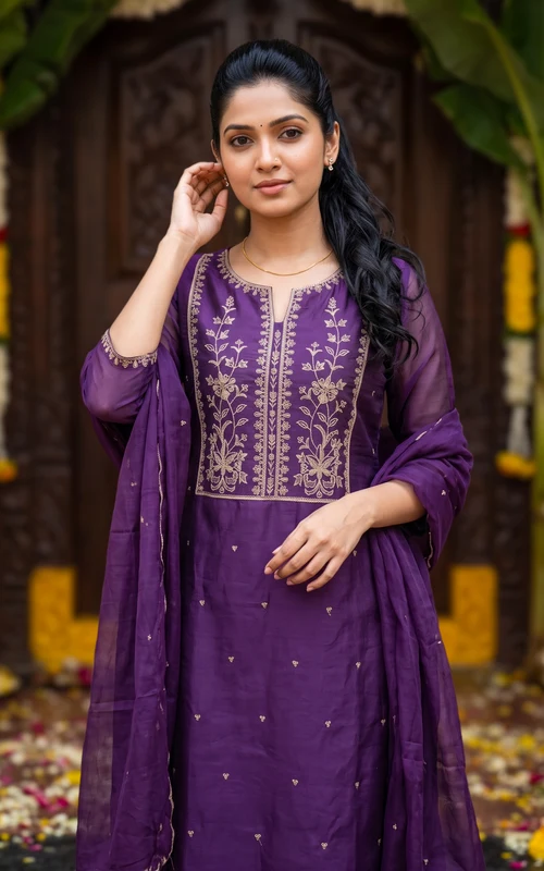 Violet Chanderi Straight Kurti Set with Zari Embroidery