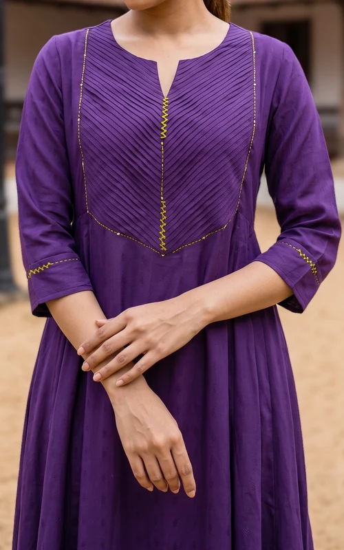 Violet & Mustard Yellow Art Silk Anarkali Kurti with Cotton Zari Border Dupatta