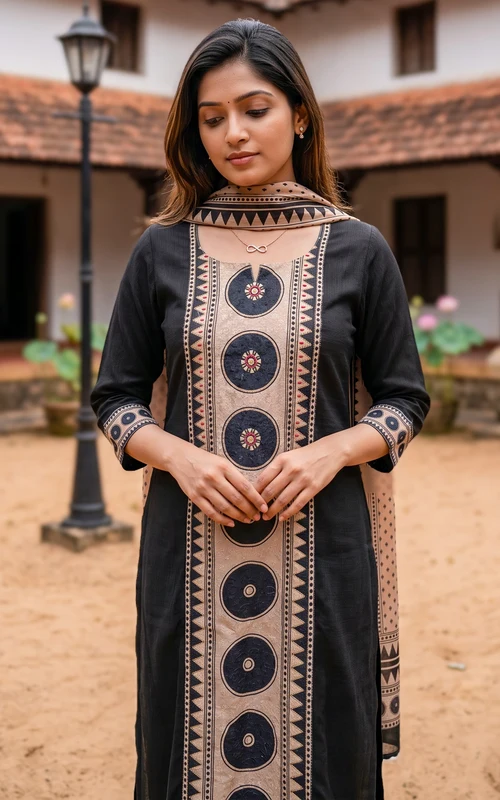 Black Art Silk Blend Straight Cut Kurti Set with Thread Embroidery, Pant & Dupatta