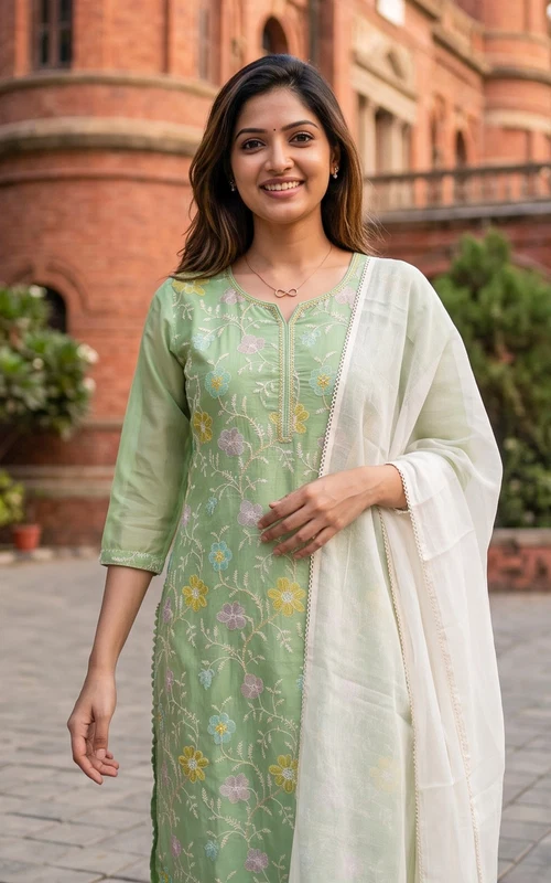 Pista Green Chanderi Kurti Set with Thread & Bead Embroidery