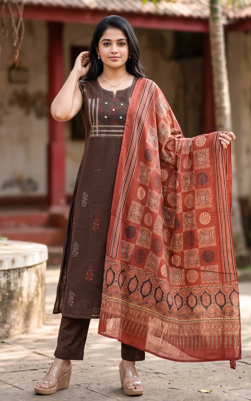 Brown Handblock Cotton Kurti Set