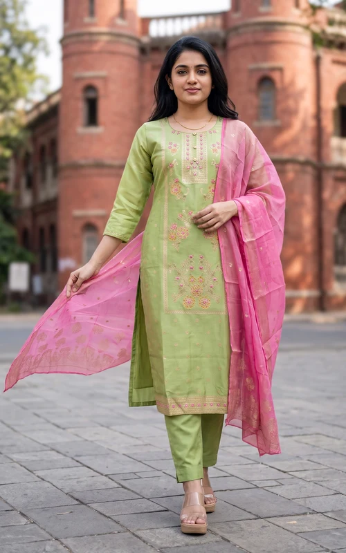 Pista Green Art Silk Straight Cut Kurti Set with Mirror, Stone & Golden Zari Embroidery