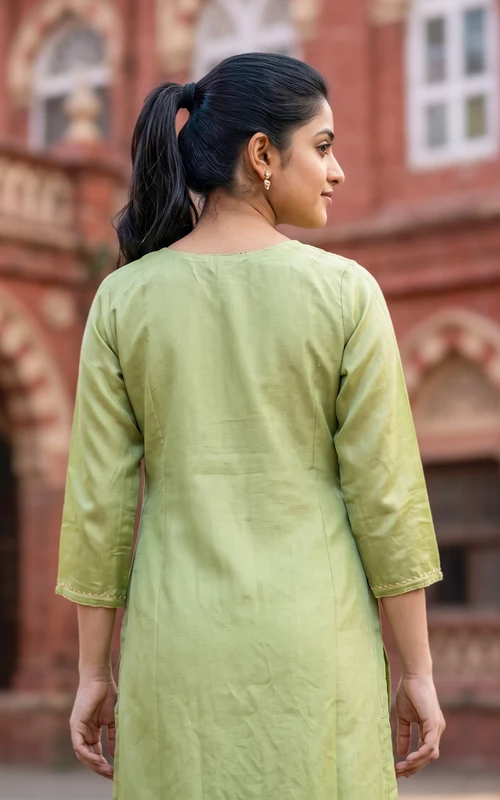 Pista Green Art Silk Straight Cut Kurti Set with Mirror, Stone & Golden Zari Embroidery