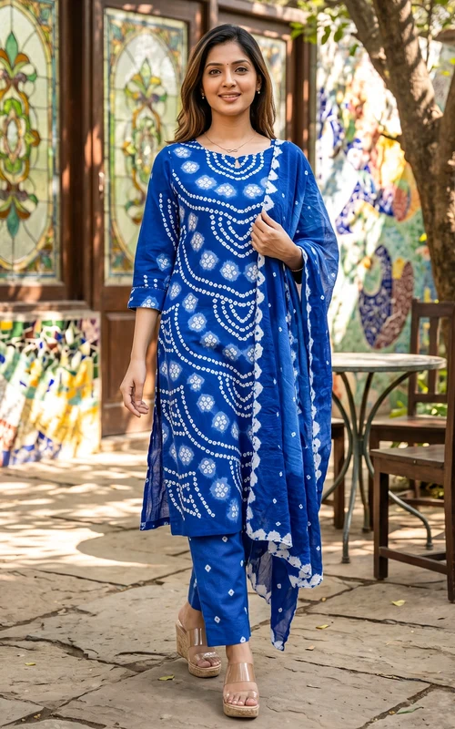 Royal Blue Bandhani Cotton Kurti Set
