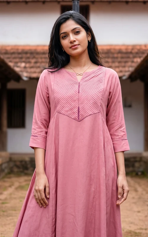 Peach Art Silk Anarkali Kurti with Pintuck Detailing