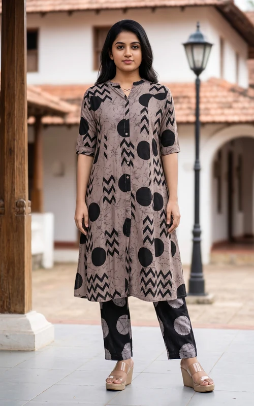 Beige Cotton Handblock Kurti Set with Mirror Embroidery