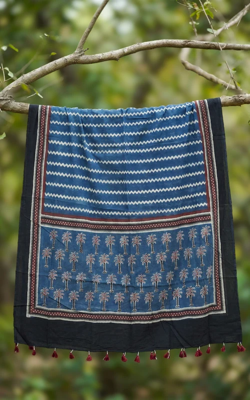 Earthy Tones Handblock Printed Cotton Dupatta with Tassels