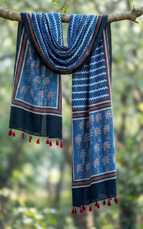 Earthy Tones Handblock Printed Cotton Dupatta with Tassels