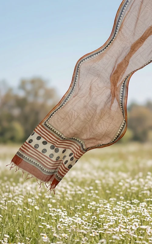 Earthy Tones Handblock Printed Cotton Dupatta with Golden Zari Border