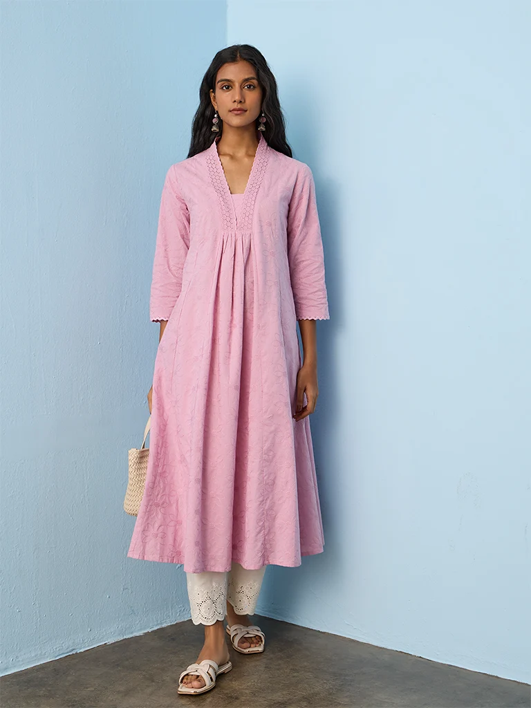 Utsa Lilac Floral Embroidered Cotton A-Line Kurta