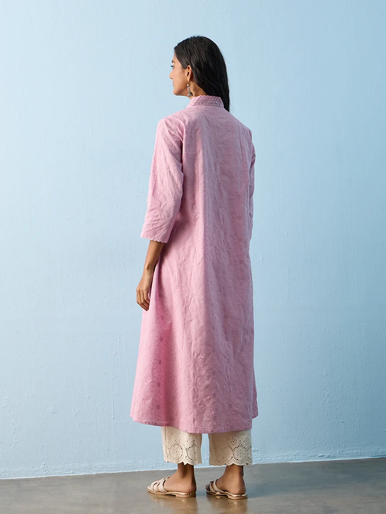 Utsa Lilac Floral Embroidered Cotton A-Line Kurta