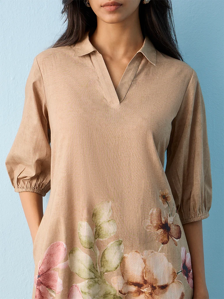 Utsa Taupe Floral Printed Cotton A-line Kurta