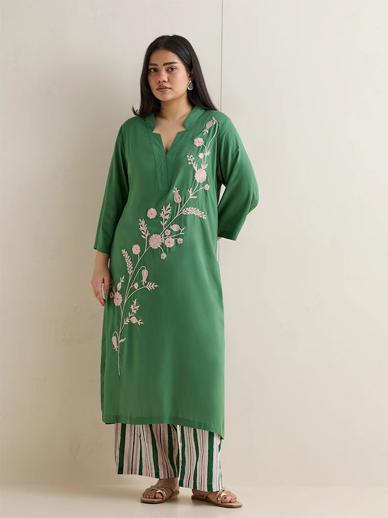 Diza Green Floral Embroidered A-Line Kurta