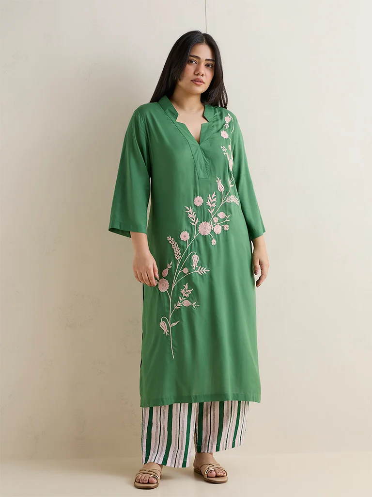 Diza Green Floral Embroidered A-Line Kurta