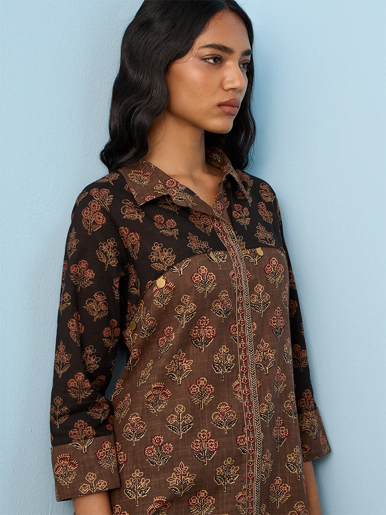 Utsa Brown Floral Pattern Cotton A-Line Kurta
