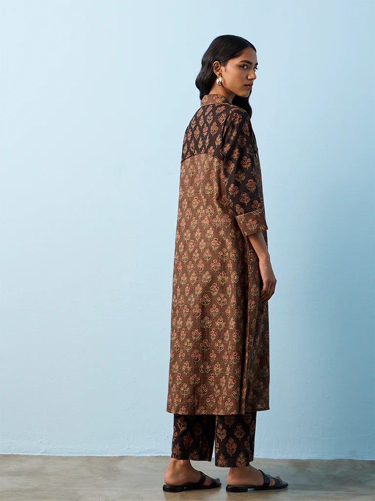 Utsa Brown Floral Pattern Cotton A-Line Kurta