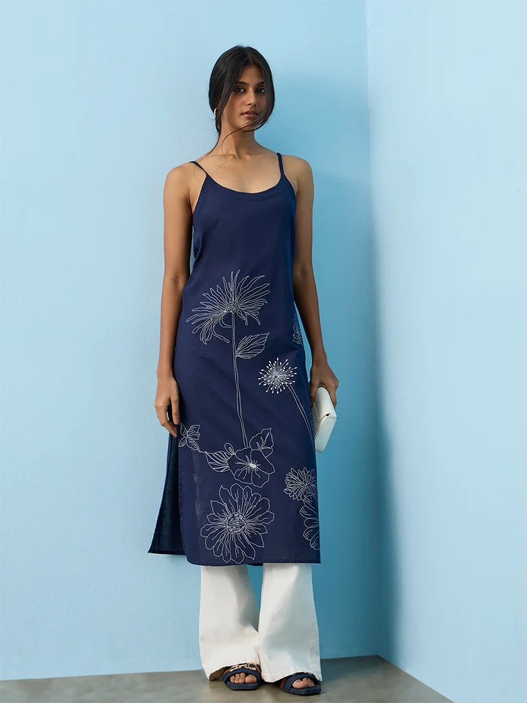 Utsa Navy Floral Printed Cotton-Blend Straight Kurta
