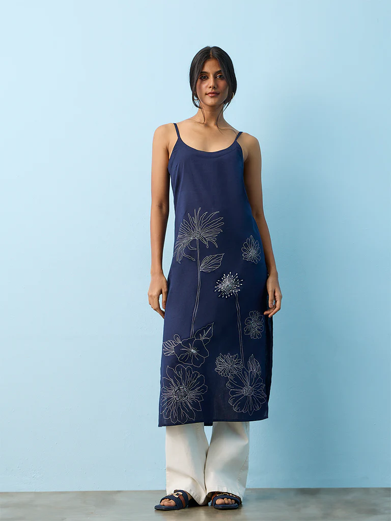 Utsa Navy Floral Printed Cotton-Blend Straight Kurta