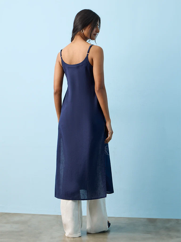 Utsa Navy Floral Printed Cotton-Blend Straight Kurta