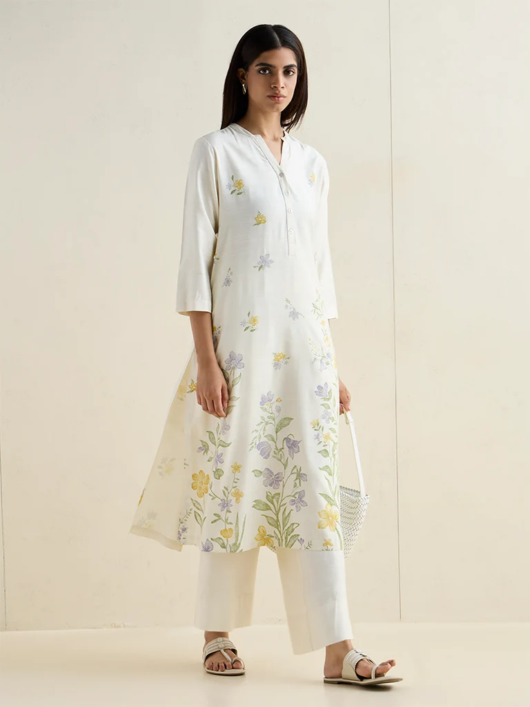 Zuba White Foliage Pattern Silk-Blend A-Line Kurta