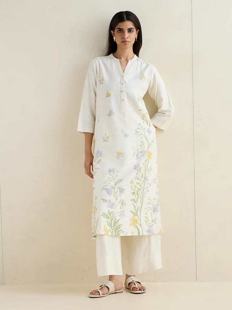 Zuba White Foliage Pattern Silk-Blend A-Line Kurta