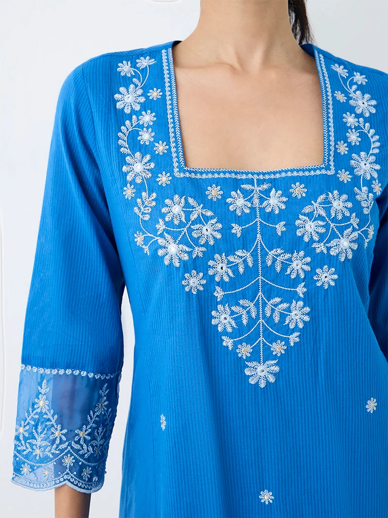 Utsa Blue Floral Embroidered Cotton A-Line Kurta