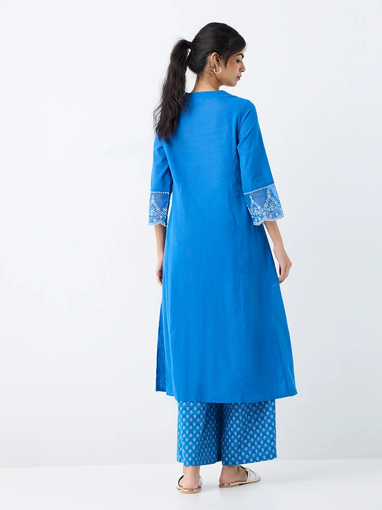 Utsa Blue Floral Embroidered Cotton A-Line Kurta