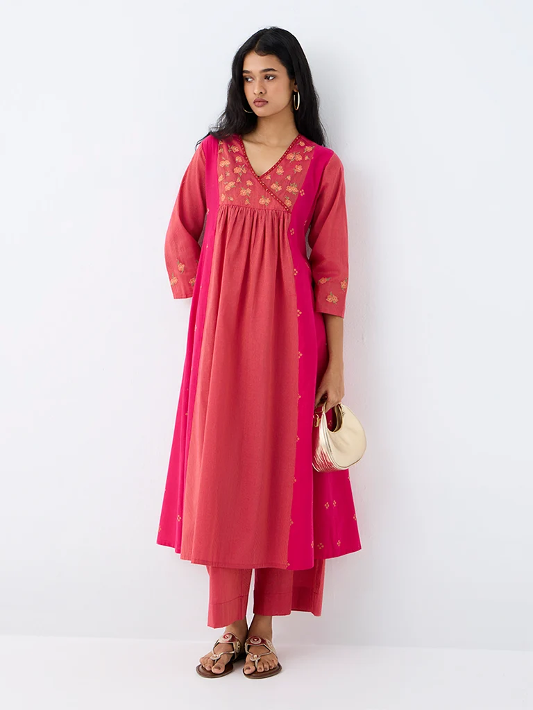 Utsa Pink Floral Embroidered Cotton Empire-Line Kurta
