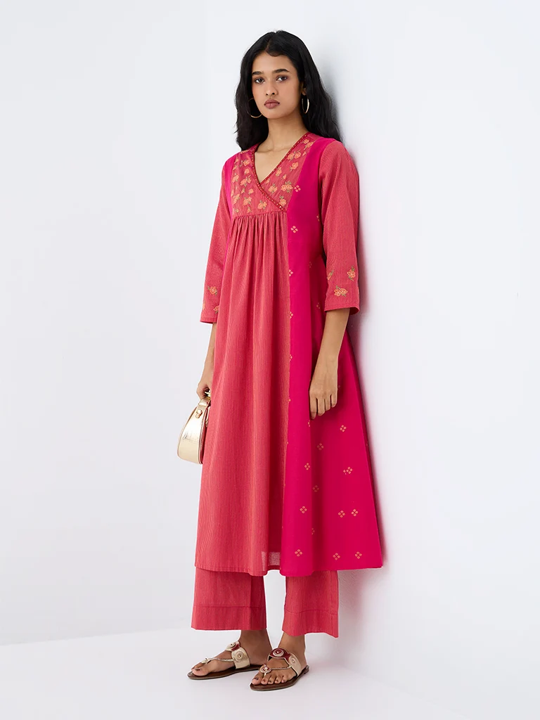 Utsa Pink Floral Embroidered Cotton Empire-Line Kurta
