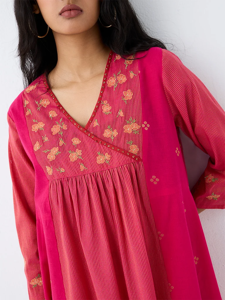 Utsa Pink Floral Embroidered Cotton Empire-Line Kurta