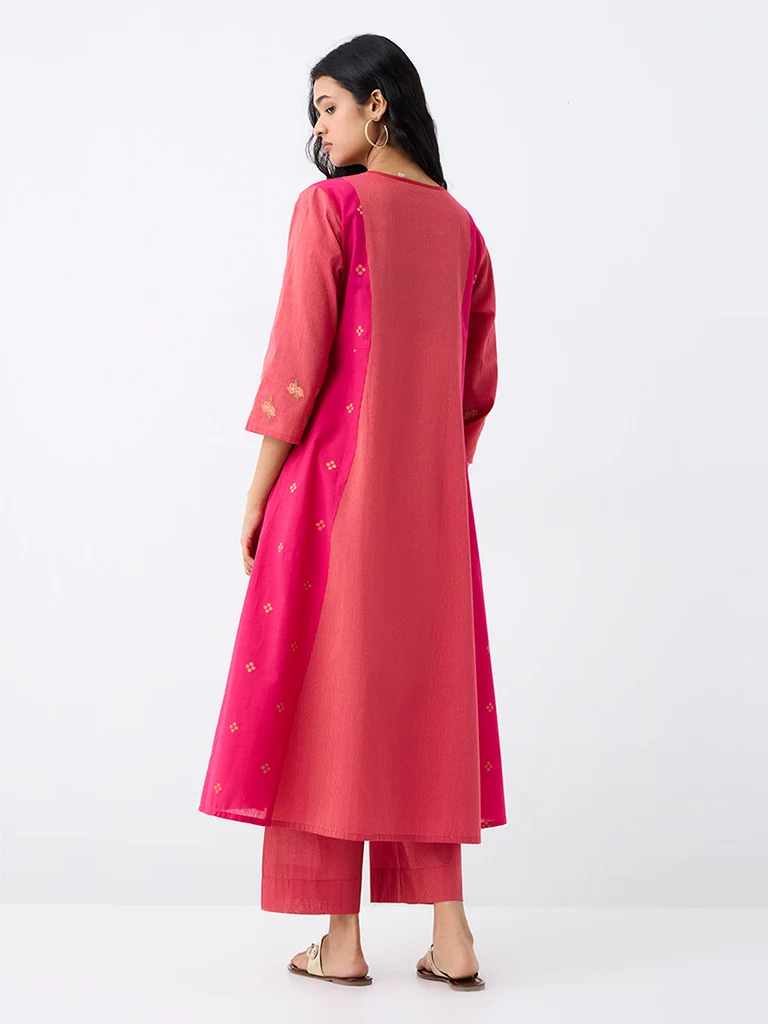 Utsa Pink Floral Embroidered Cotton Empire-Line Kurta