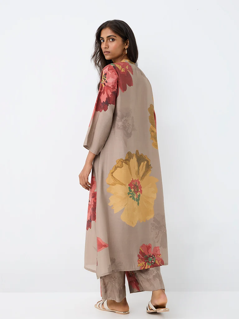 Utsa Dark Taupe Floral Printed A-Line Kurta