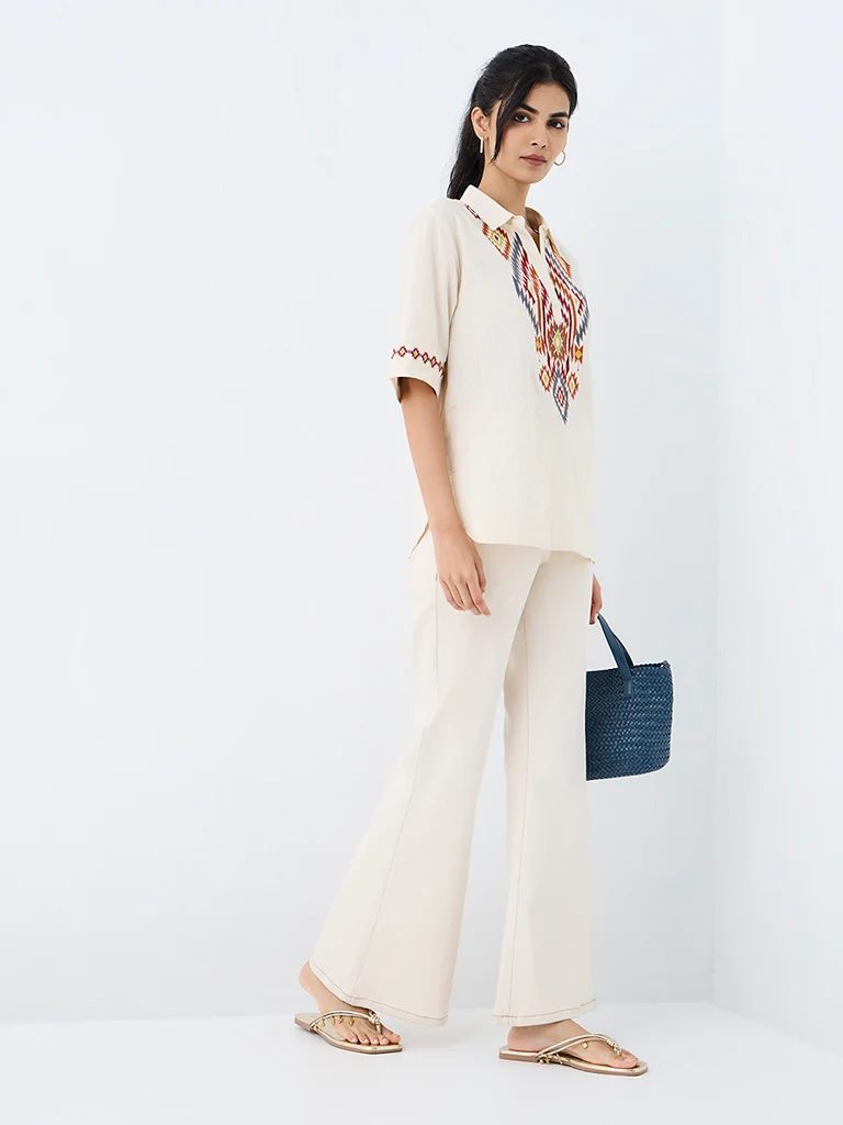 Utsa Off-White Geometric Embroidered Cotton Tunic