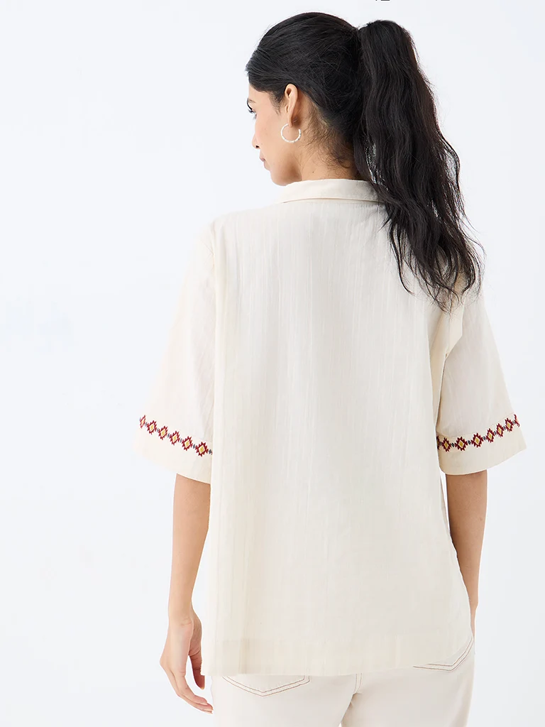 Utsa Off-White Geometric Embroidered Cotton Tunic