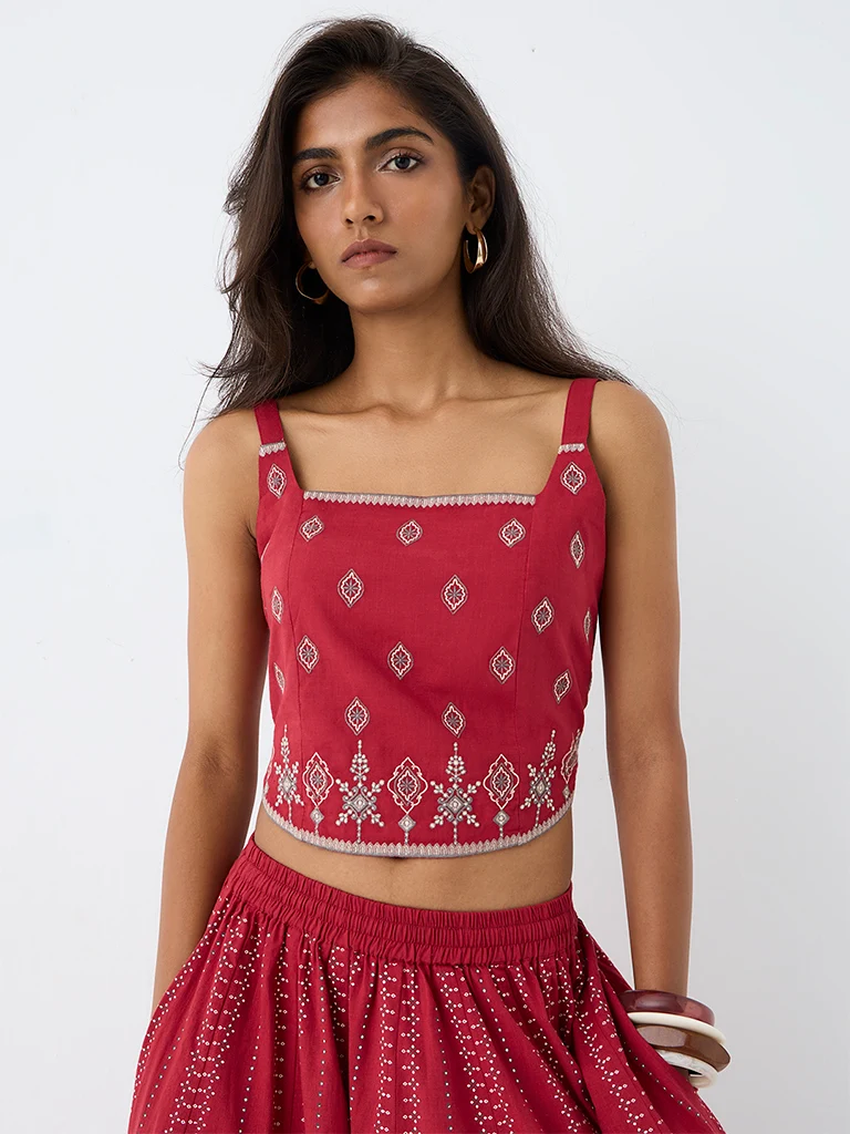 Utsa Red Printed Cotton Top