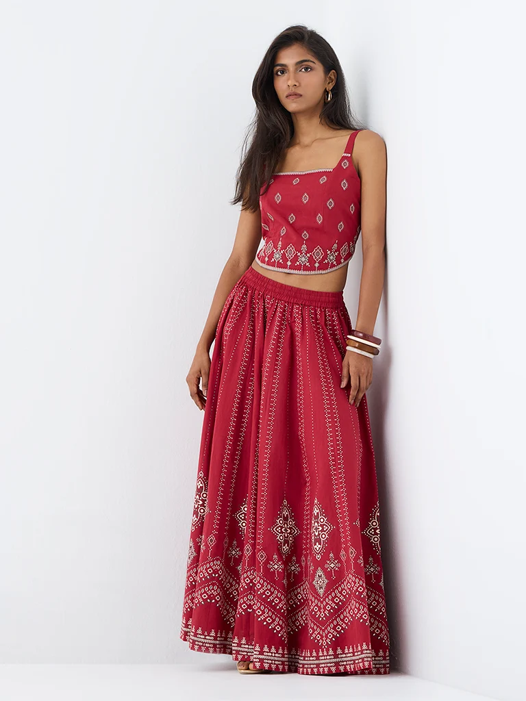Utsa Red Printed Cotton Top