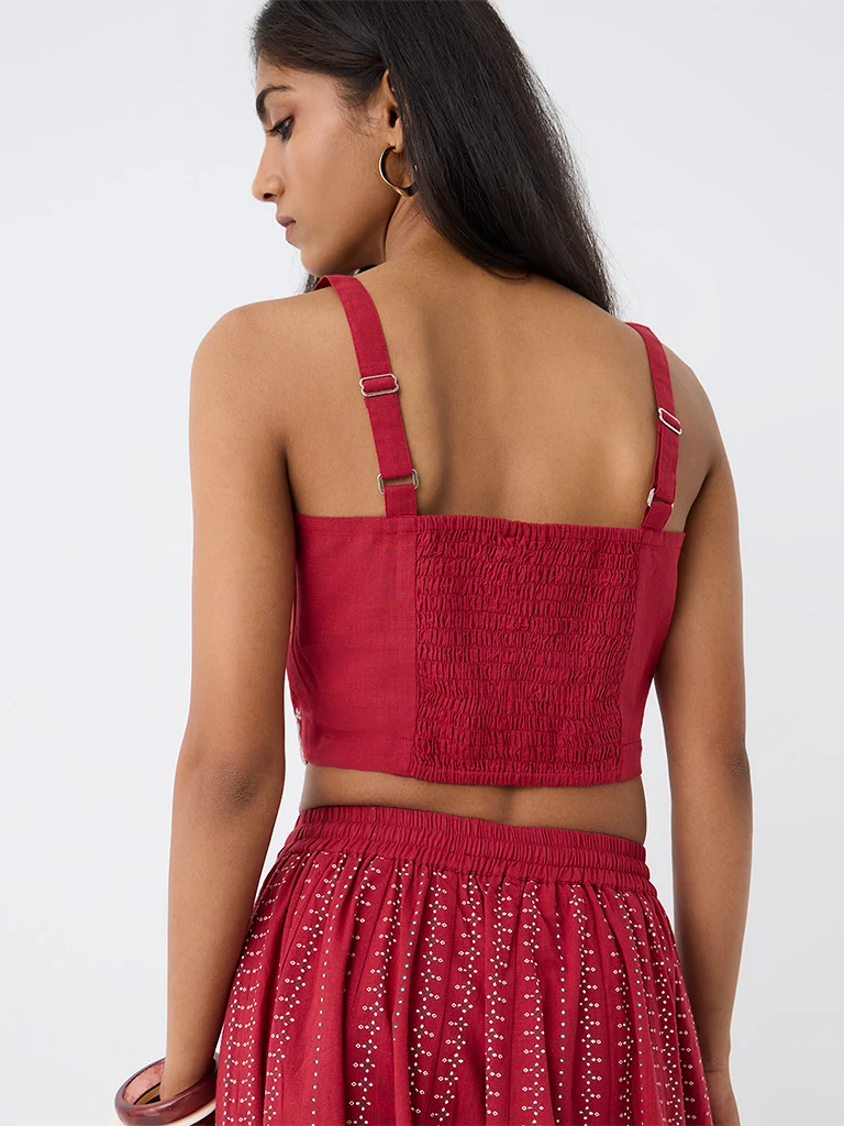 Utsa Red Printed Cotton Top