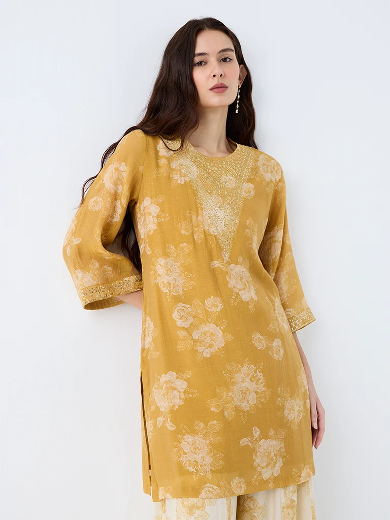 Utsa Mustard Floral Printed Kurta