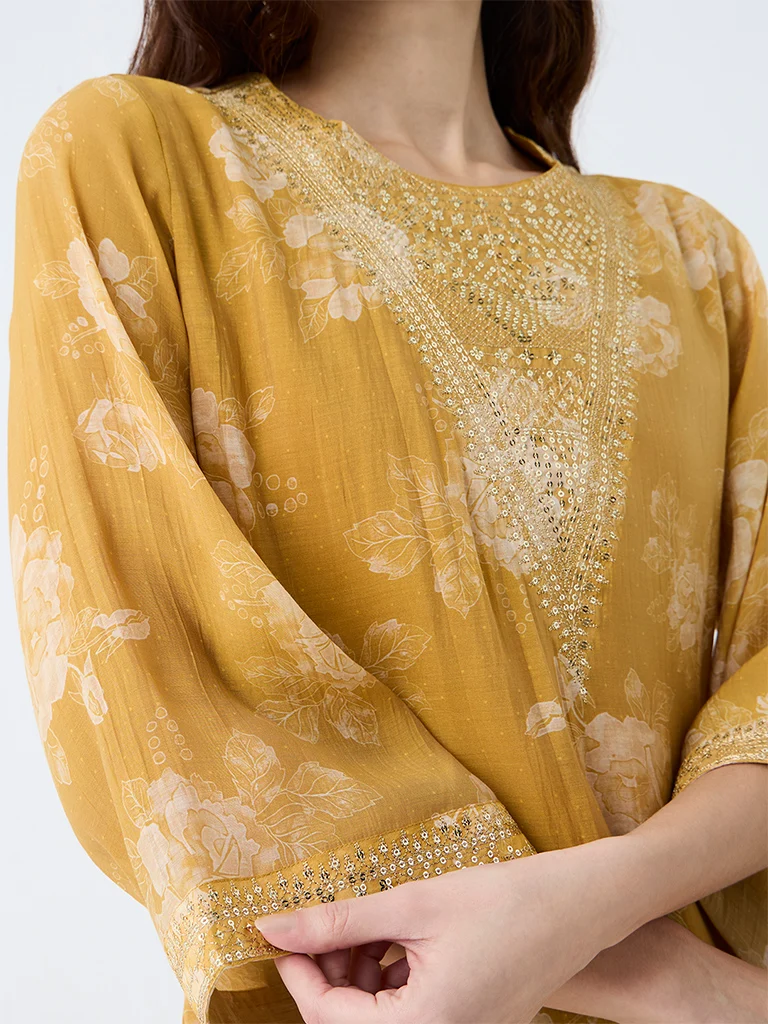 Utsa Mustard Floral Printed Kurta