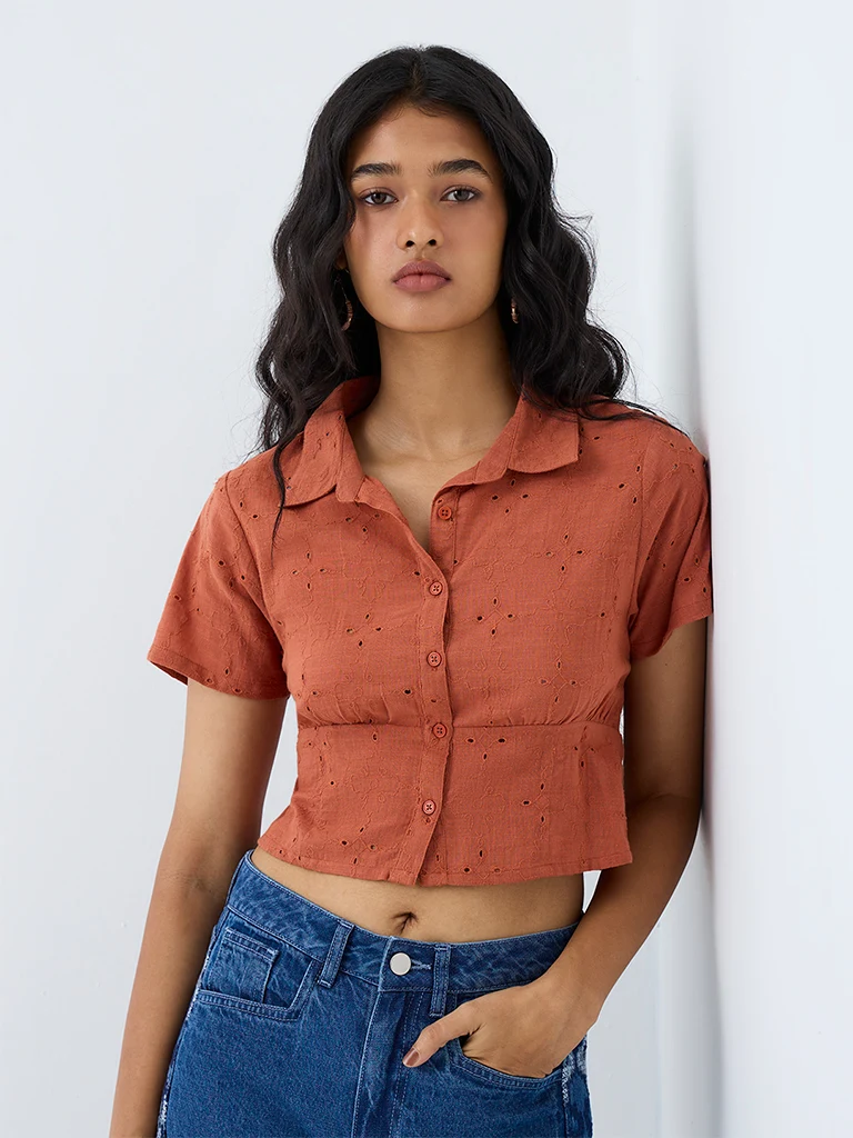 Bombay Paisley Rust Schiffli Embroidered Cotton Top