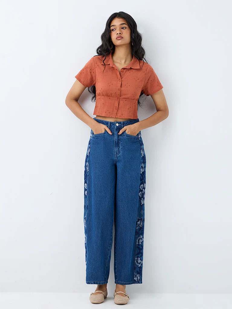 Bombay Paisley Rust Schiffli Embroidered Cotton Top
